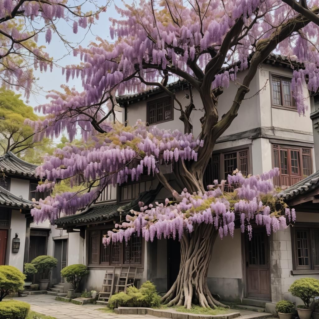 Anime-Style Wisteria Tree with Pink Blossoms