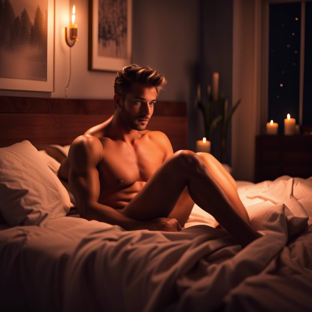 Cozy Bedroom Scene with Man in Moonlight