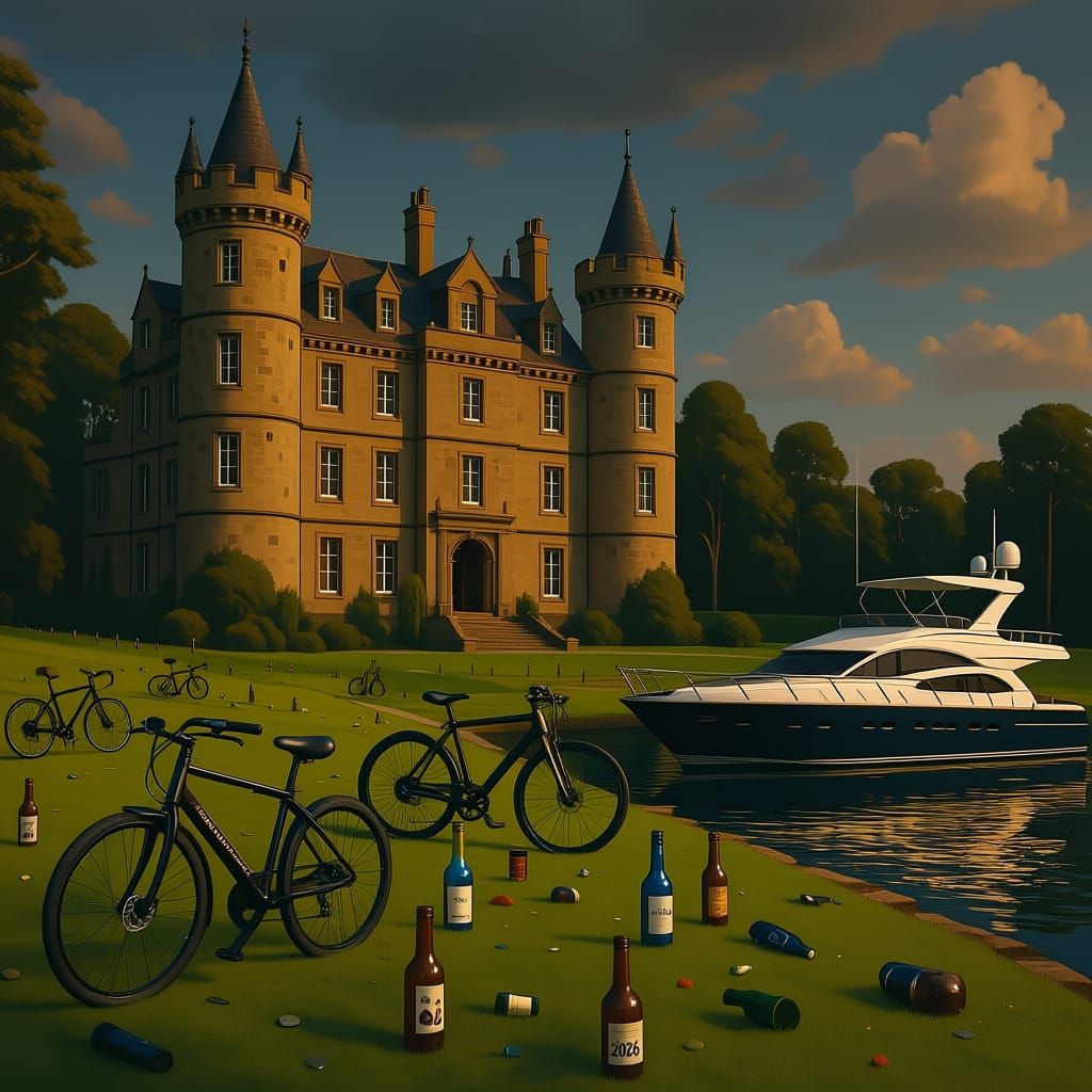 Dunderave Castle with Yacht and Bicycles in Manga Style