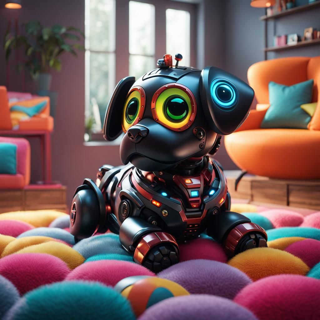 Cute Cyber Dog on Pillow in Playroom