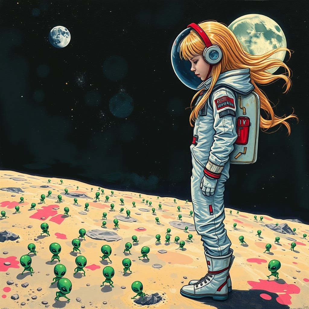 Girl in Austronat Suit Stands on Moon's Surface, Gazing at T...