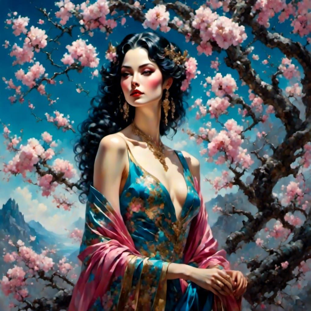 Girl Under Sakura Tree in Dreamy Dark Style