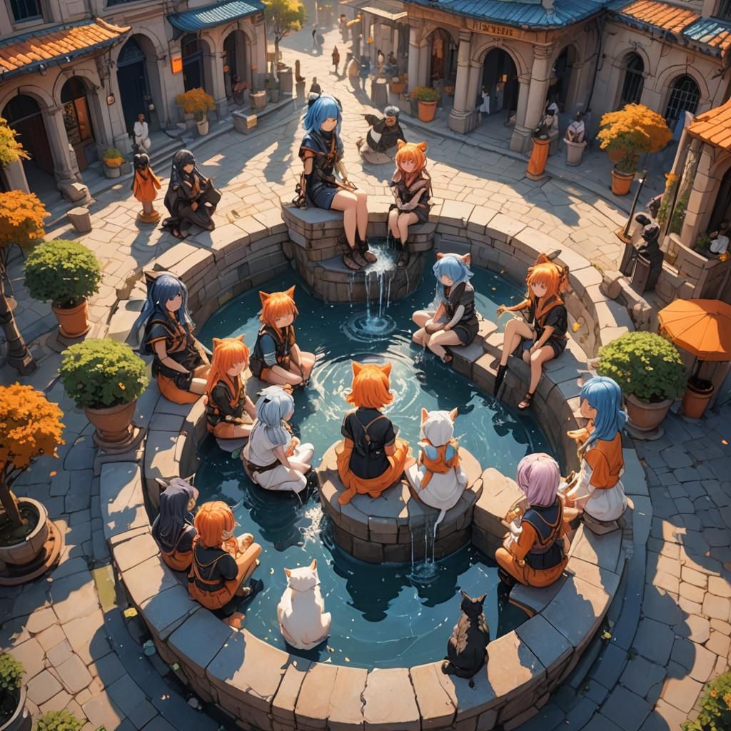 Anime Cat Girls Gather in Fantasy City Square