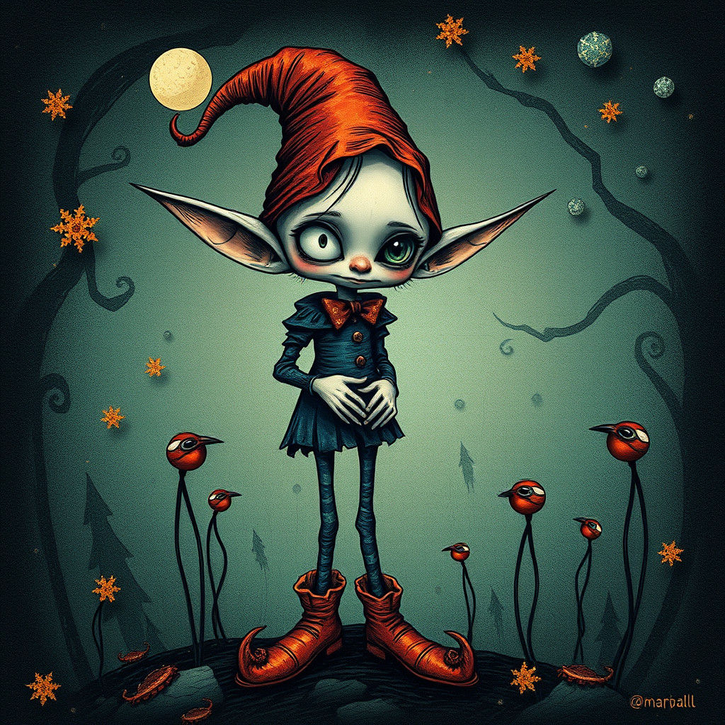 Whimsical Elf in Pointillist, Surreal Style