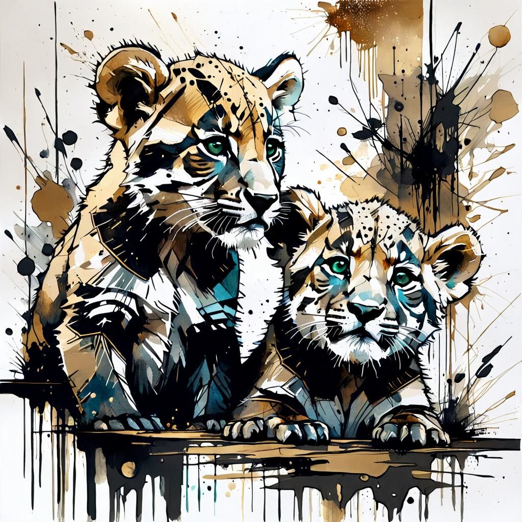 Lion Cubs in Washed Ink Watercolor Style