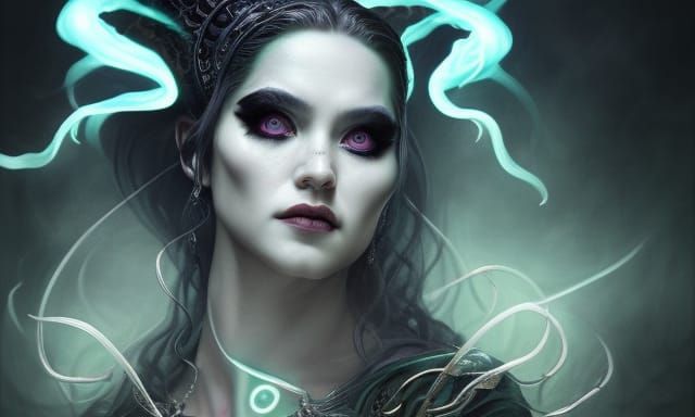 Enchantress Casting a Hexagram Spell, Hyperrealistic Portrai...