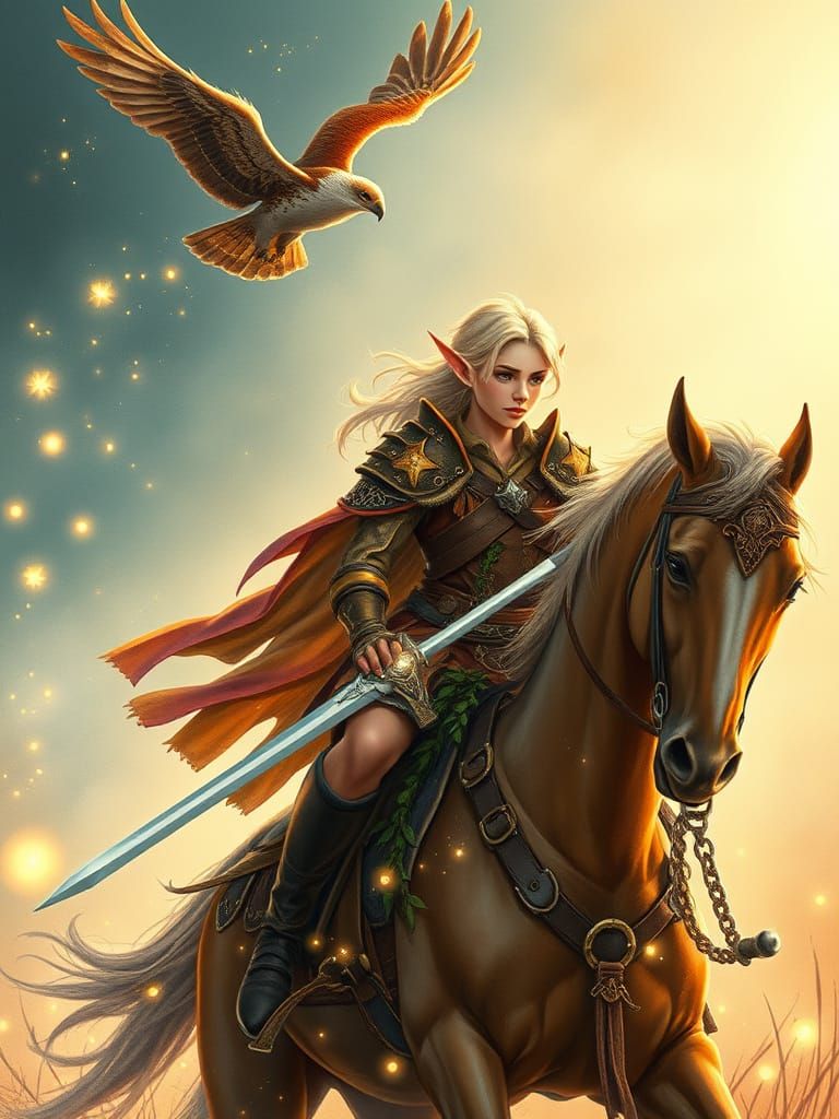 Whimsical Elf Rides Horse in Sunbeam, Surrounded by Glitteri...