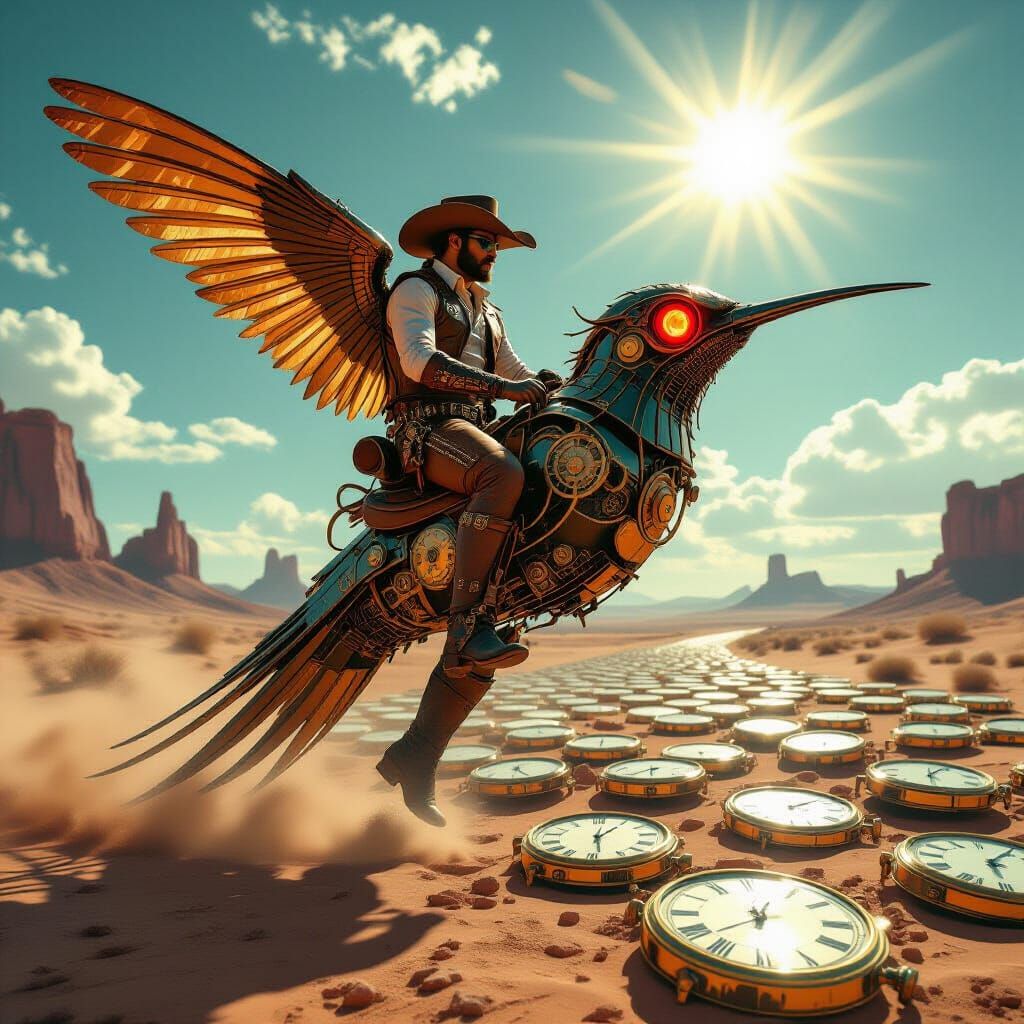 Cowboy Rides Mechanical Hummingbird Over Watch Desert