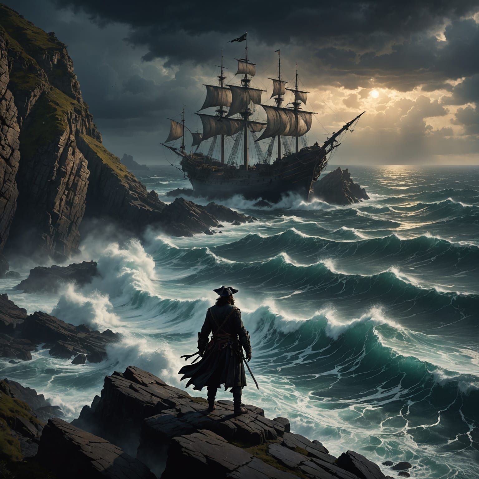 Adventurer on Cliff Overlooking Pirate Ship in Storm