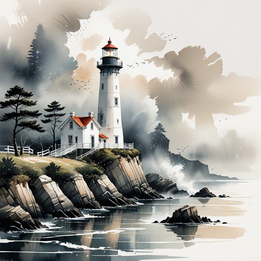 Elegant Lighthouse as Ink Wash Painting