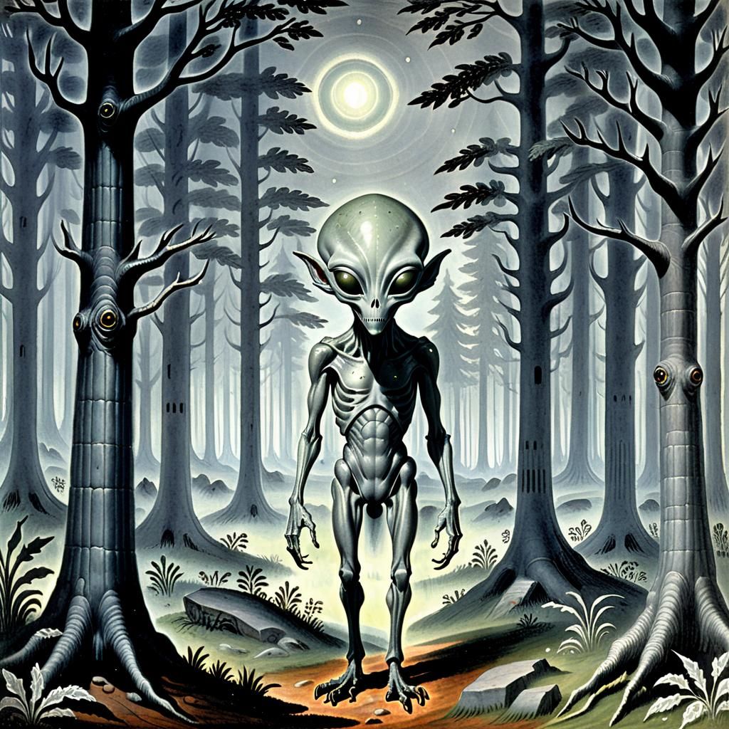 Grey Alien in Forest, Fifteenth Century Style