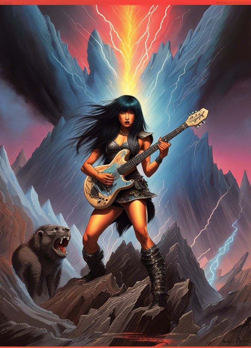 Gothic Asian Rock Star in a Volcanic Landscape