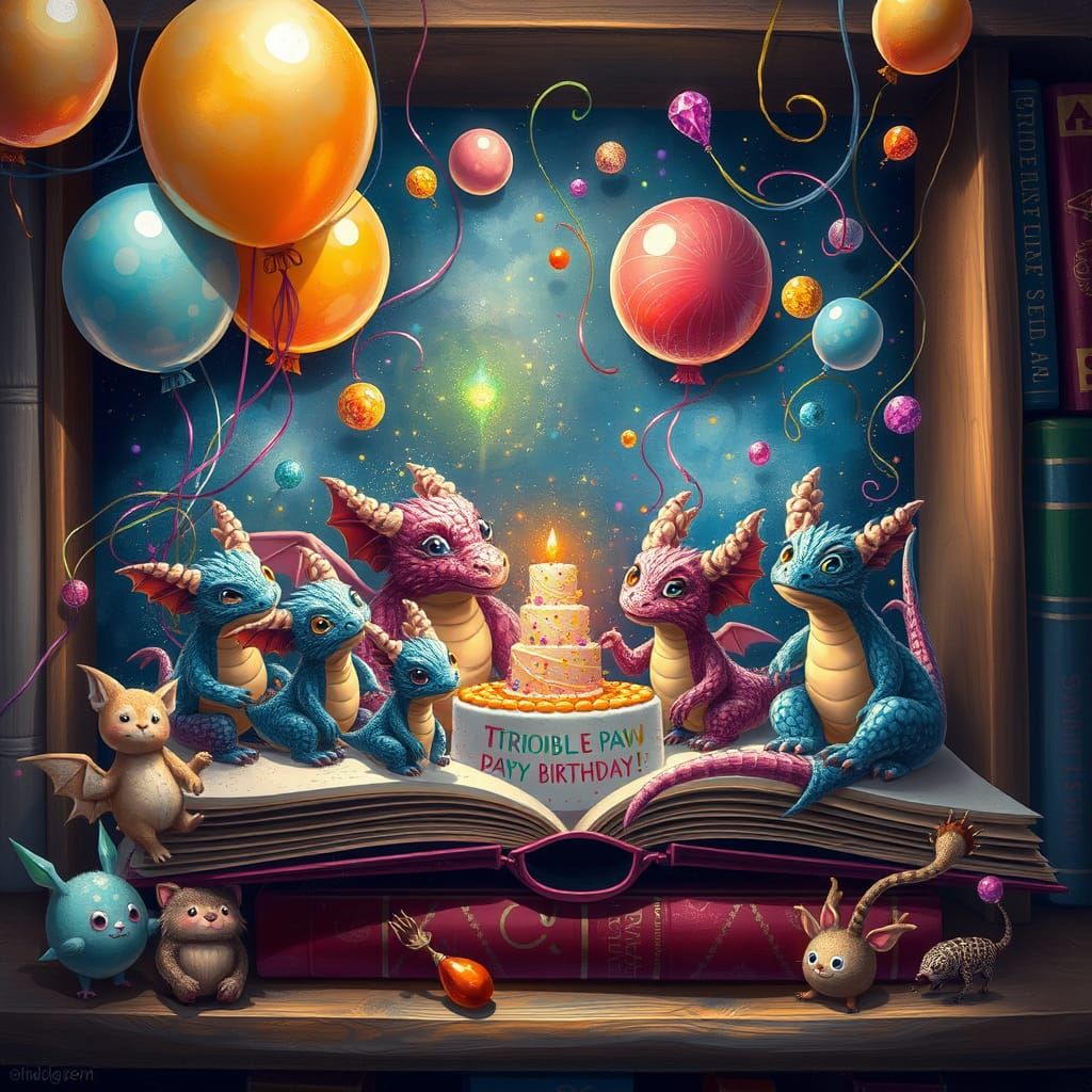 Whimsical Dragons Celebrate in a Vibrant Bookshelf World