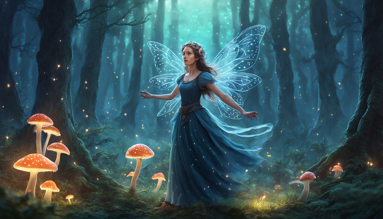 Starlight Fairy Dances in Forest Clearing: Digital Painting