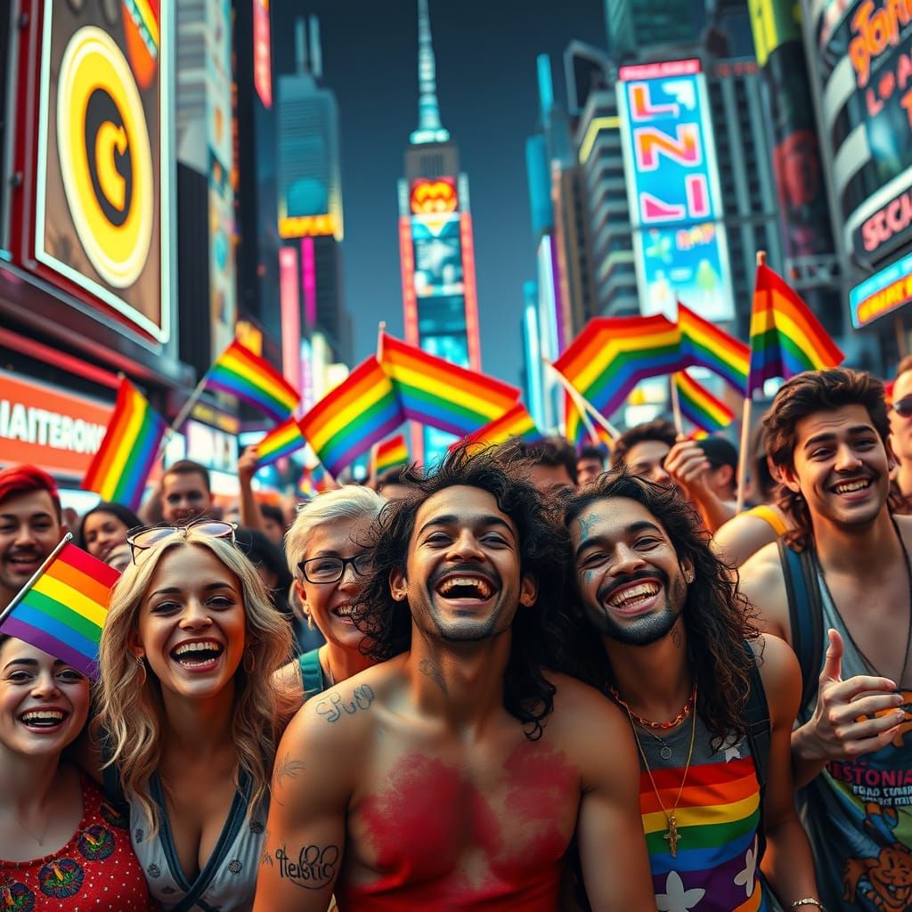 Futuristic LGBTQ Pride Celebration in Neon Metropolis