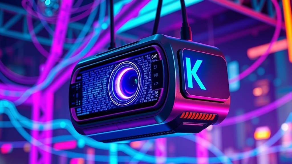 Futuristic Digital Webcam in Neon Cyberspace Displays Pixela...