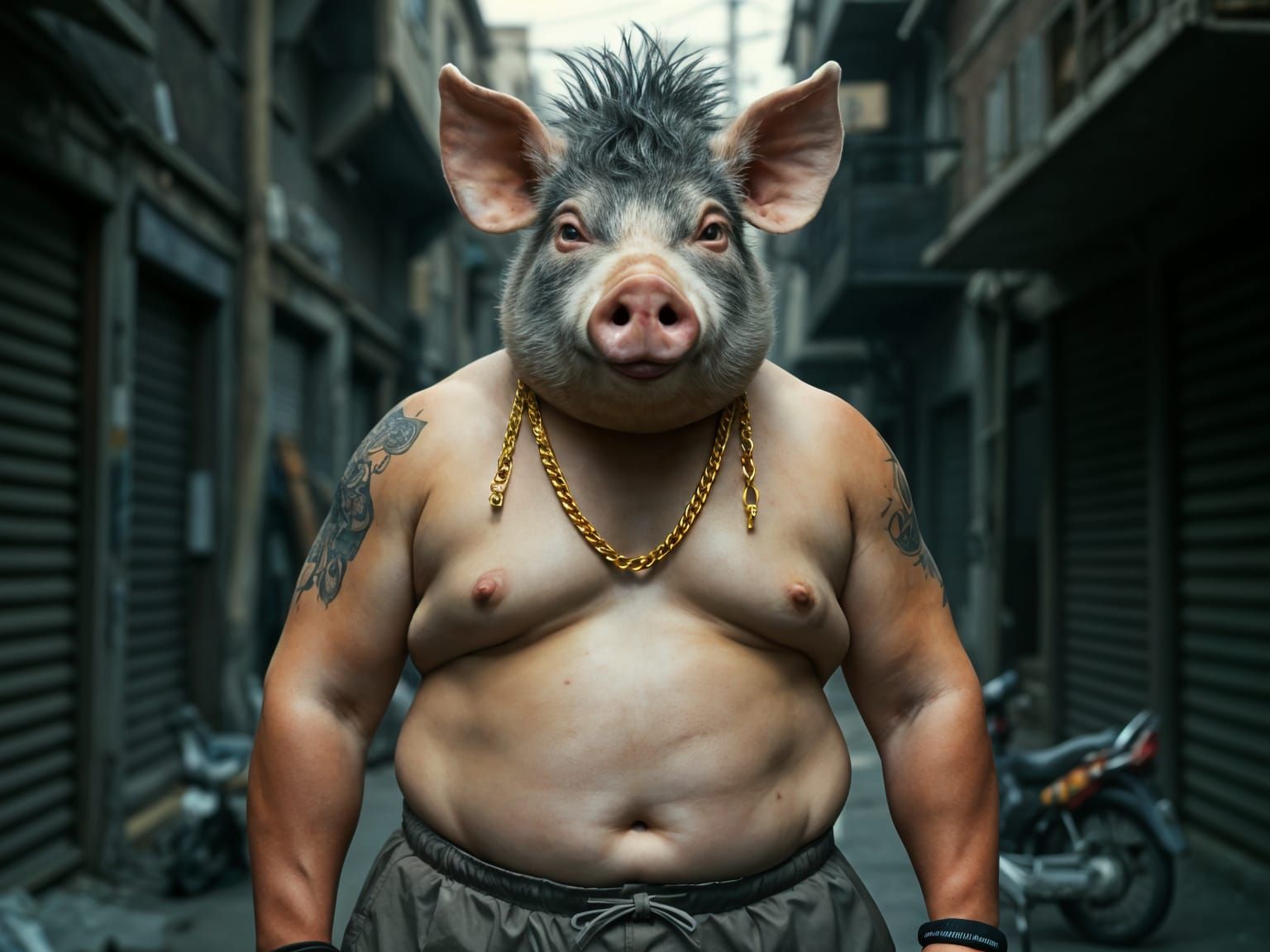 Photorealistic Pig-Headed Hip-Hopper in Slum Setting