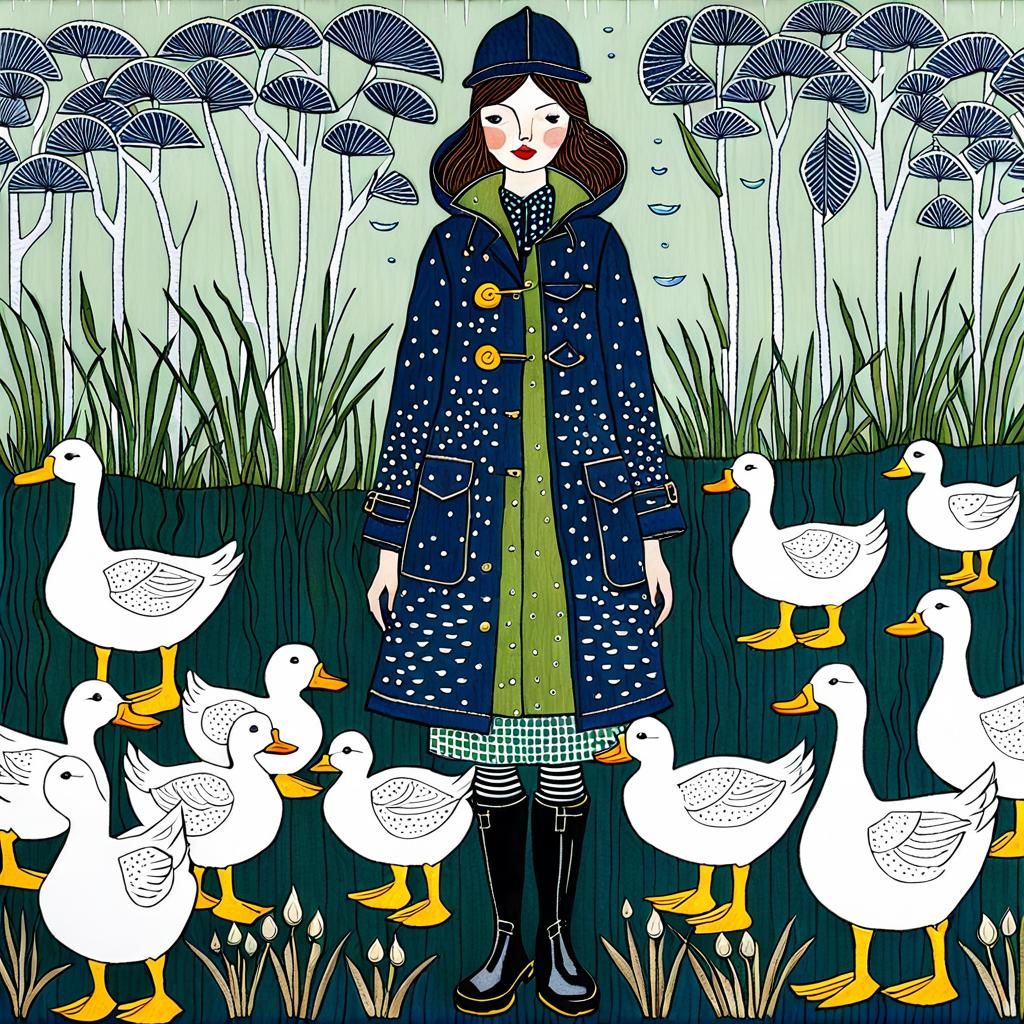 Girl with Ducks in Folk Art Embroidery Style