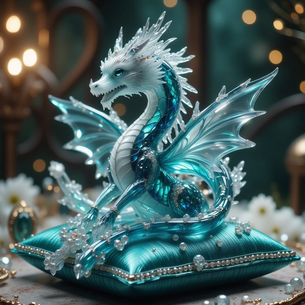 Crystal Dragon on Teal Satin Pillow