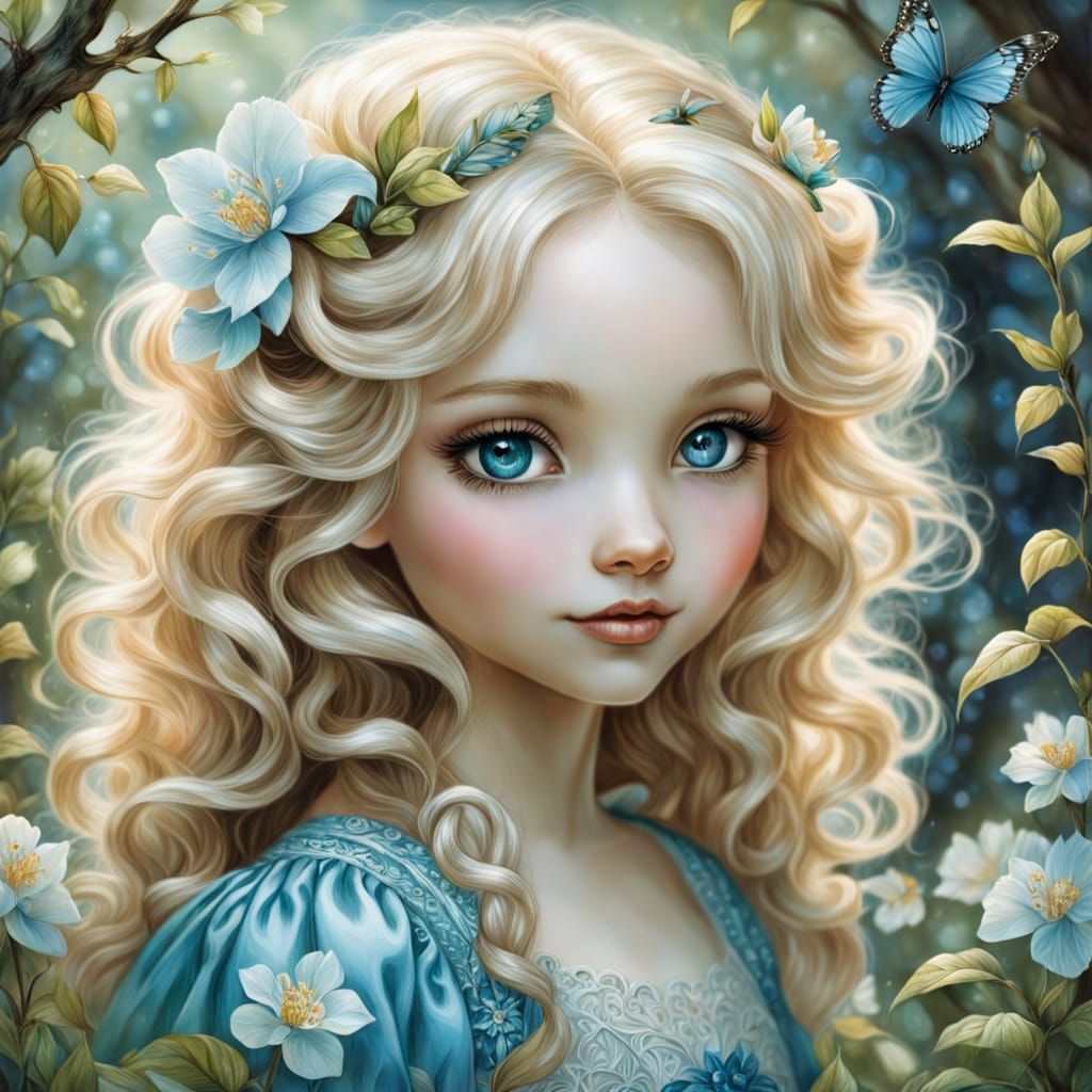 Little Girl in Whimsical Spring Garden, Colored Pencil Drawi...