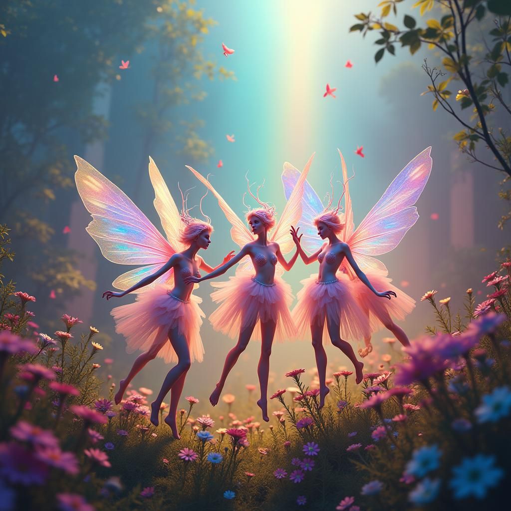Light Creatures Dance in Rainbow Meadow: Fantasy Concept Art