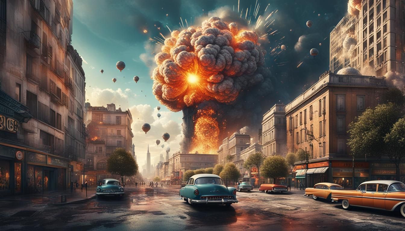 Nuclear Explosion Devastates Cityscape in 1960s Style