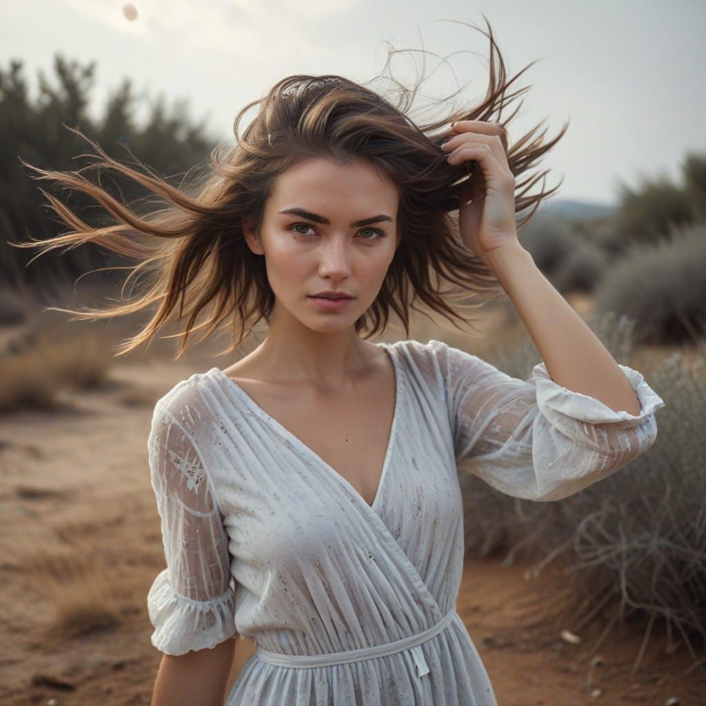 Stunning Woman Brushing Hair in Dusty Wind