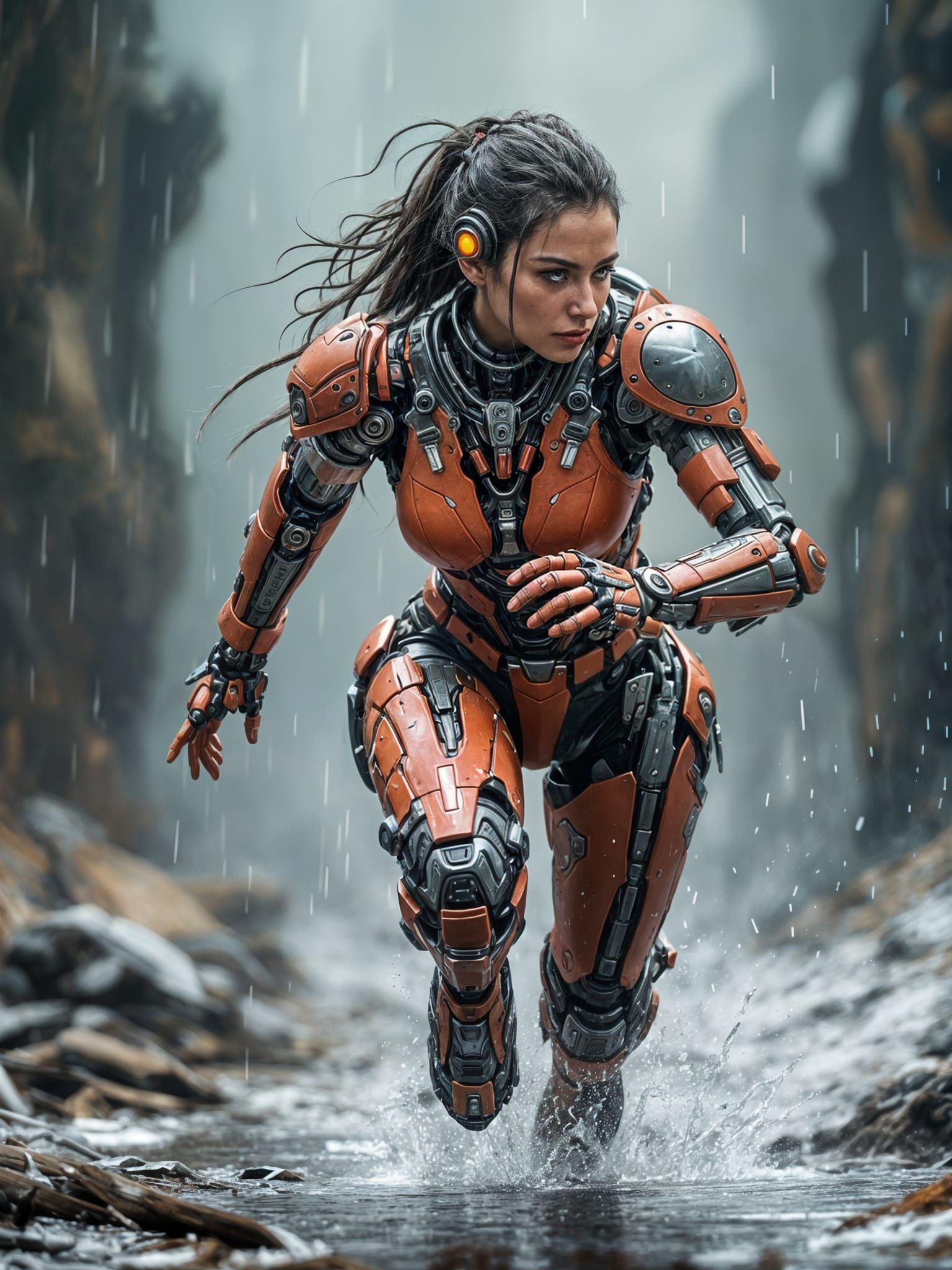 Cyberpunk Warrior Runs Through the Storm