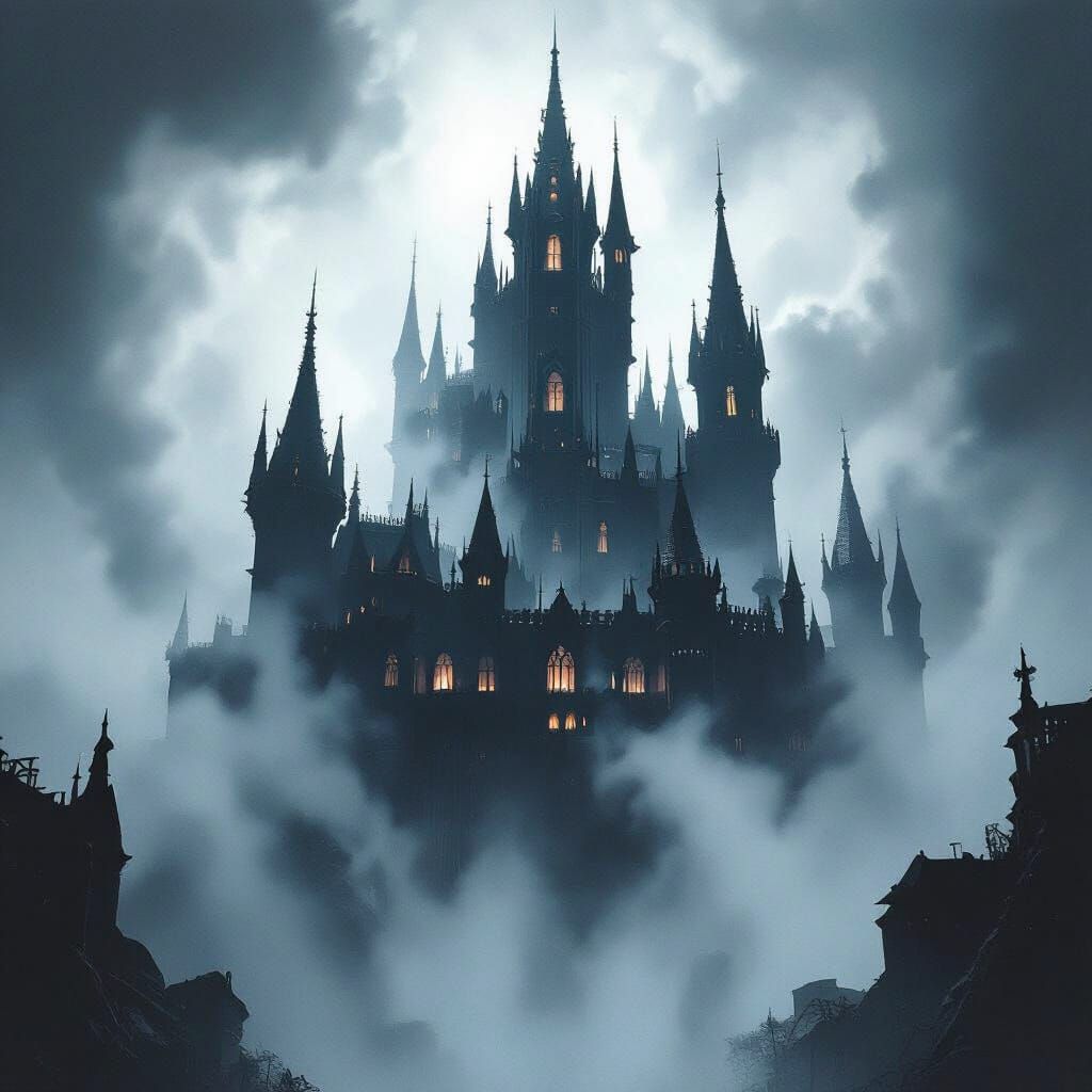Gothic Castle in DC Comics Style Shrouded in Mist