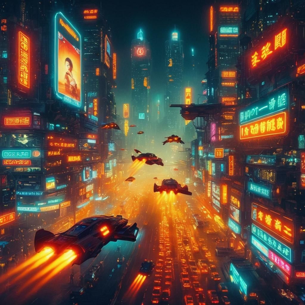 Cyberpunk Neo-Asian Cityscape at Night in Syd Mead Style