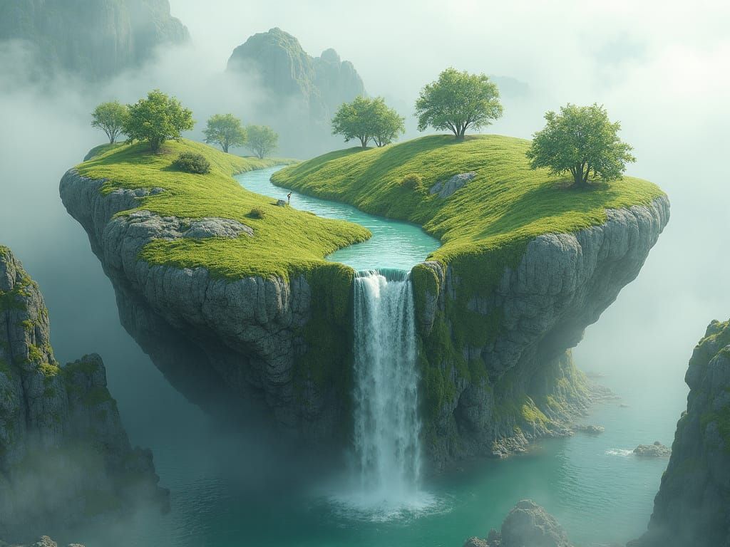 Surreal Stone Hand Landscape with Waterfall
