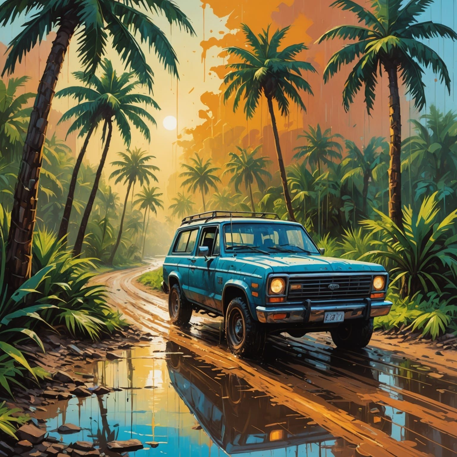 Rainy Dirt Road Through Palm Trees in Graffiti Art