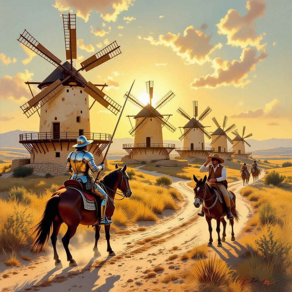 Don Quixote Charges Windmills in Surreal Spanish Landscape