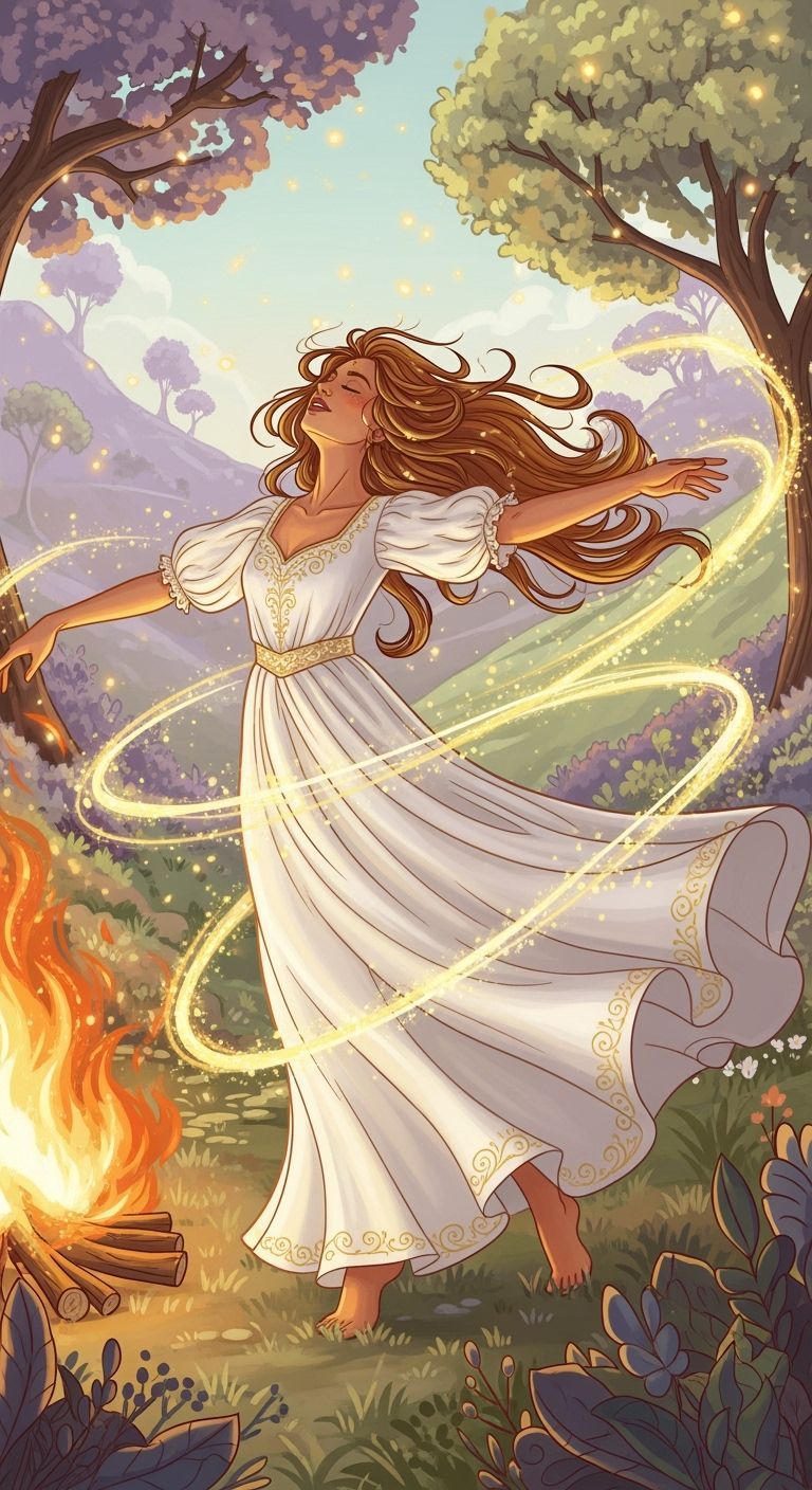Woman Dancing in Forest with Golden Energy