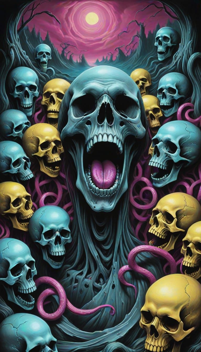 Haunting Abyss of Screaming Skulls in Charcoal