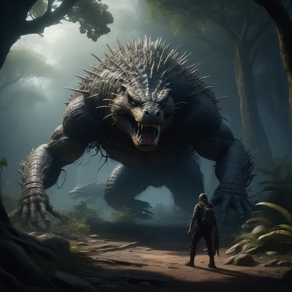 Gargantuan Serpentine Creature Illuminates Dark Jungle Realm