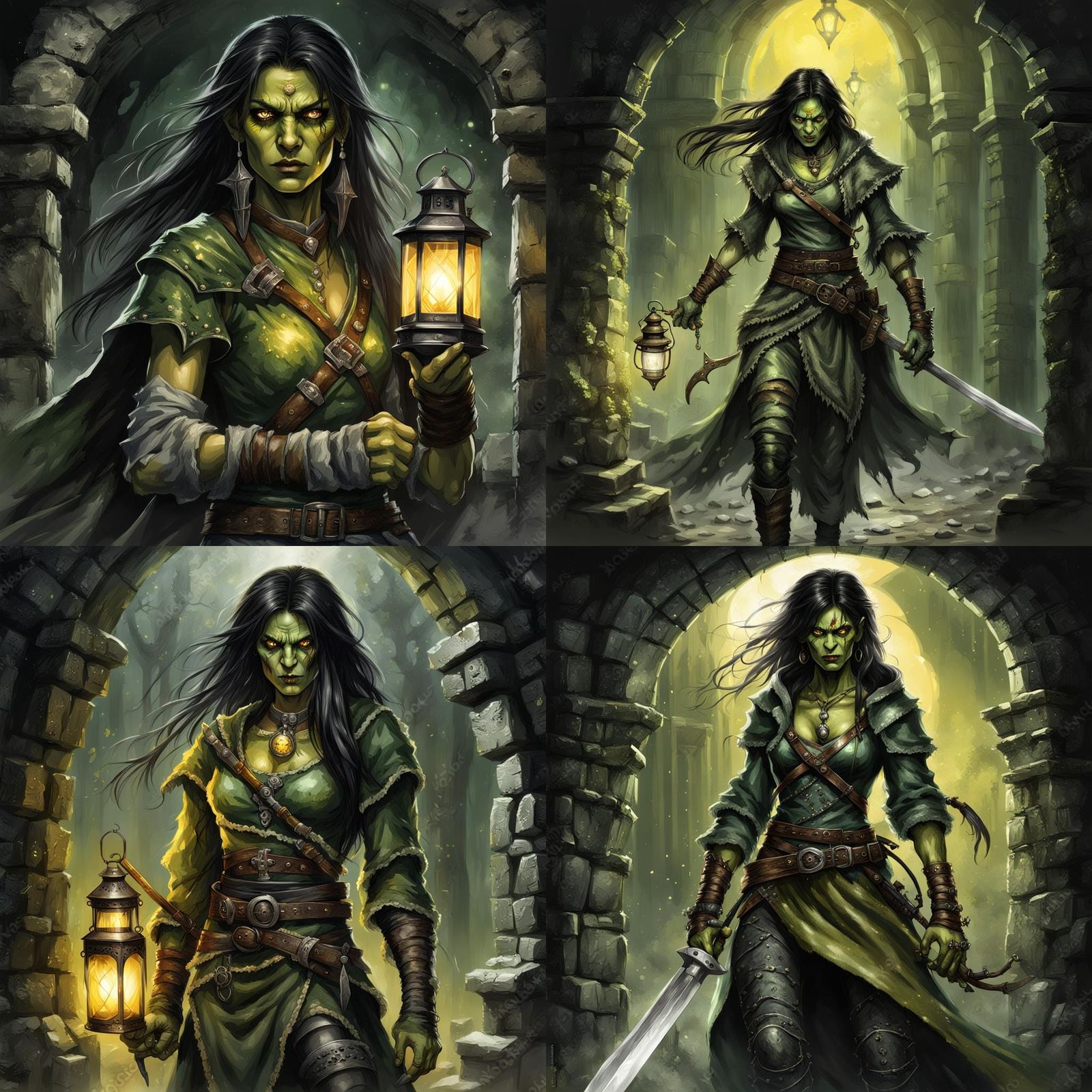 Orc Magician Exploring Dark Crypt in Luis Royo Style