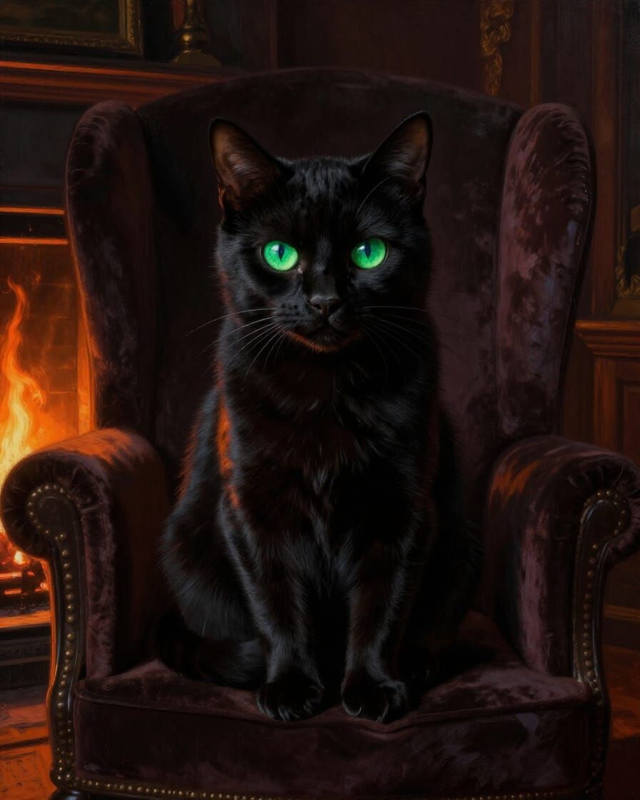 Cosmic Cat with Emerald Eyes by Firelight