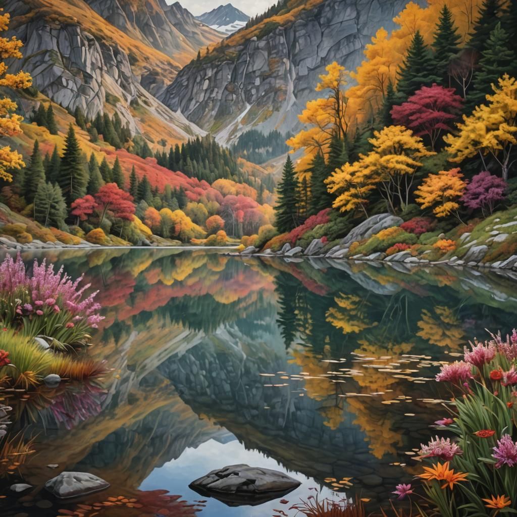 Mystical mountain reflected in a serene lake with a winding ...