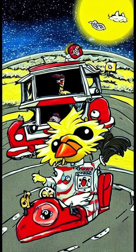 Chicken in Stone Car Headbanging in Space