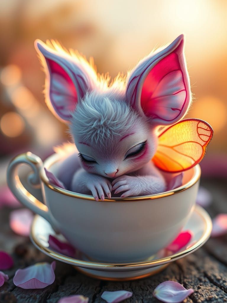 Lunmi, the Tiny Fantasy Creature, in a Teacup Wonderland