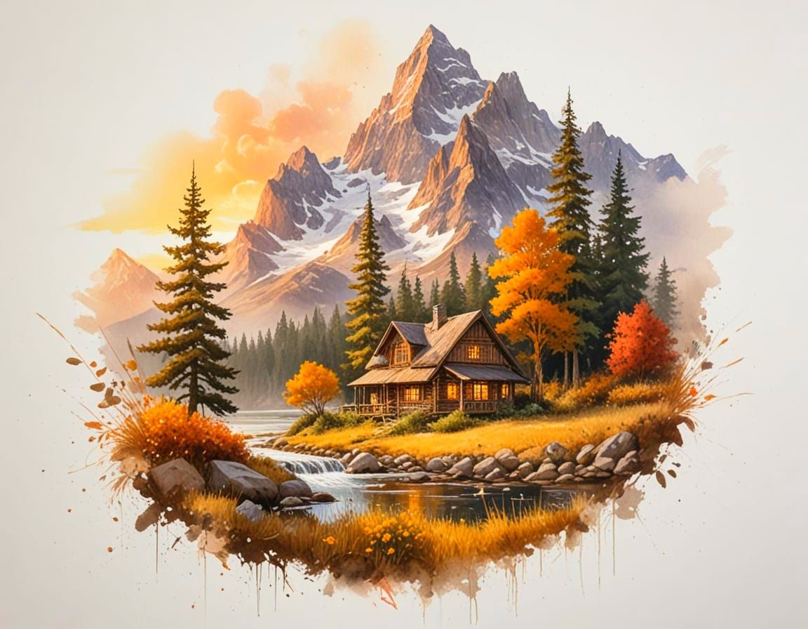 Serene Mountain Cabin at Sunset, Painterly Realism