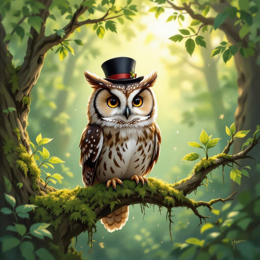 Wise Owl Conductor in Enchanted Forest Symphony