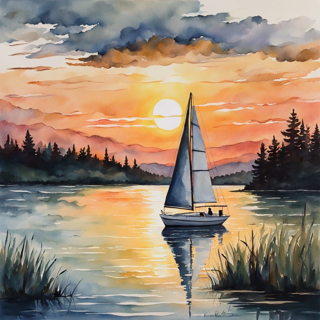Sailboat on Lake: Gouache and Watercolor Impression