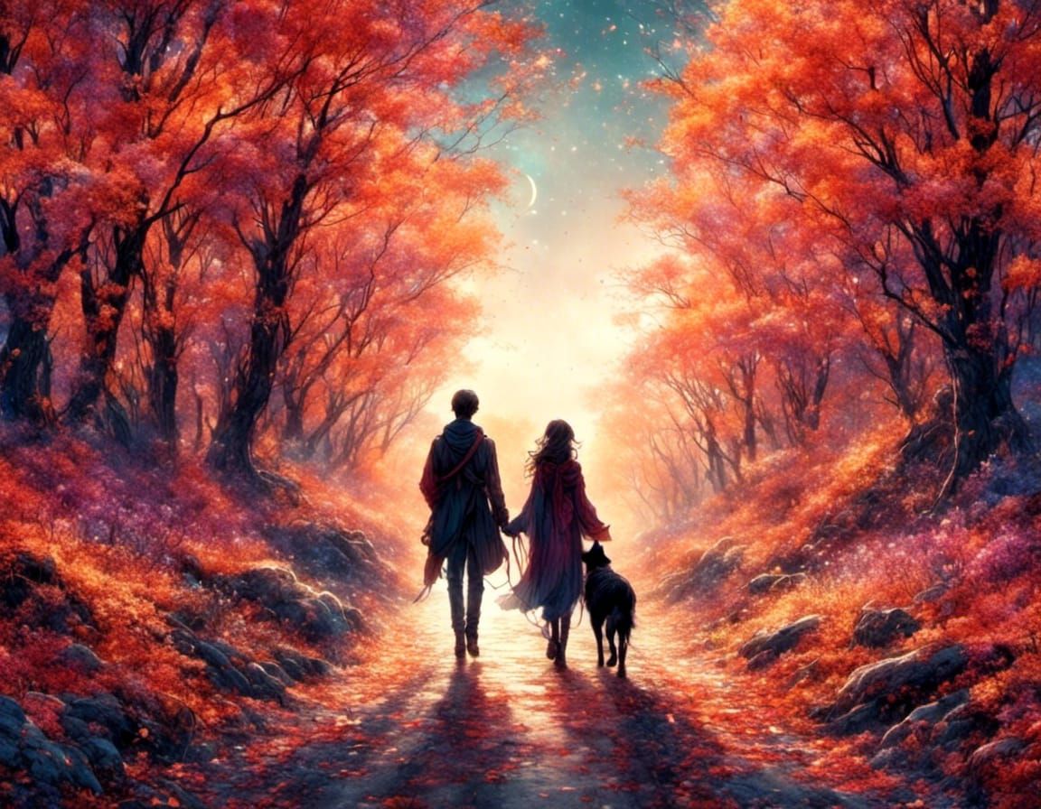 Whimsical Road with Animals and Lovers