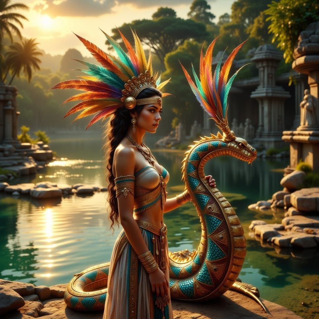 Picture a serene Aztec priestess walks with Quetzalcoatl