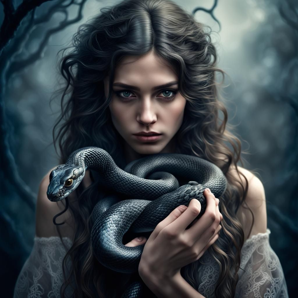 Woman with Snake: Hyperrealistic Dark Beauty
