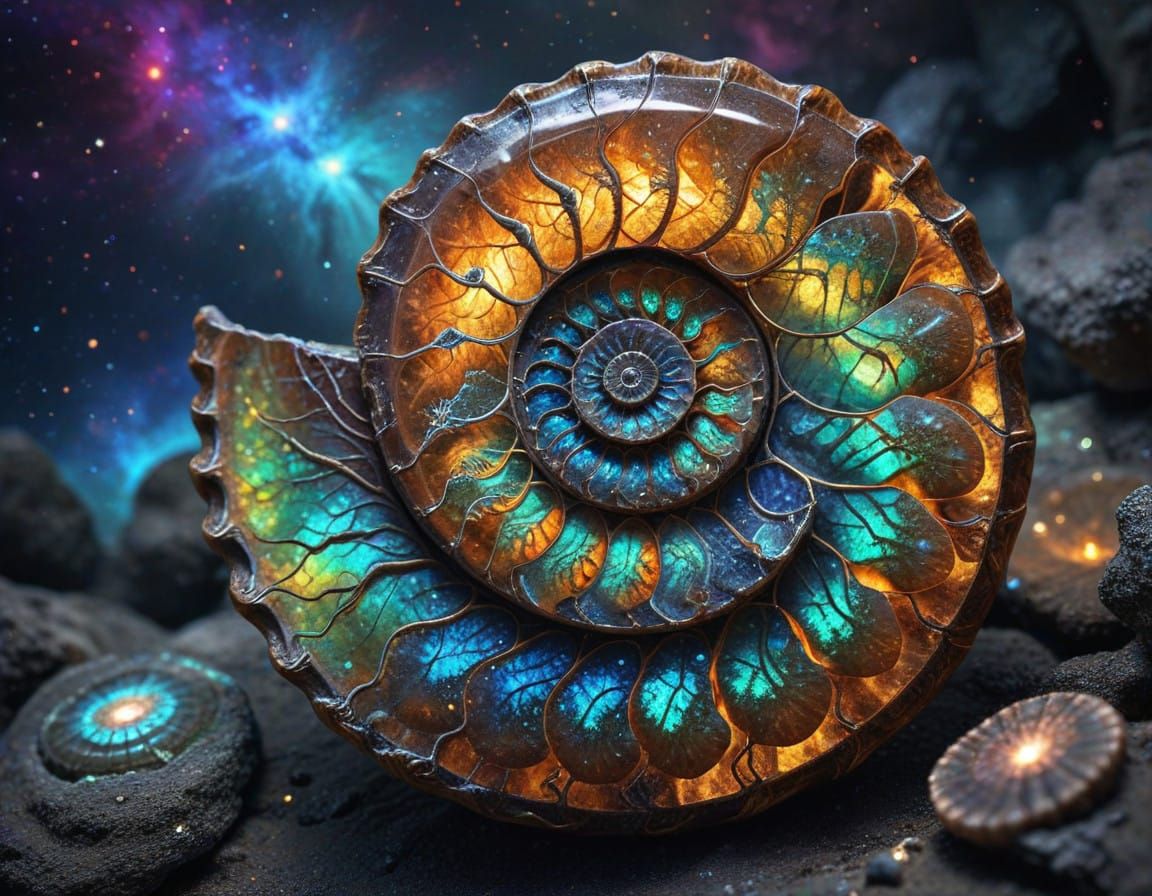 Glowing Ammonite Fossil in a Celestial Galaxy