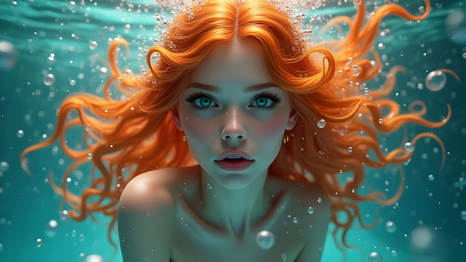 Spectacular Anime Mermaid Portrait in Vibrant Orange and Blu...