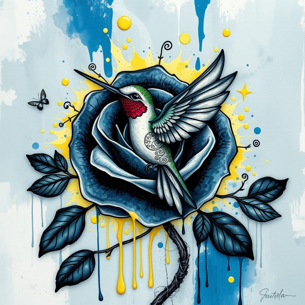 "twisted vine black rose tattoo with hummingbird"